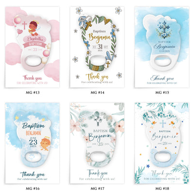 Blush Floral Arch baptism bottle opener magnet — design catalog 3 of 4: six numbered MG design options
