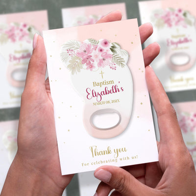 Floral Girl Pink Flower baptism bottle opener magnet shown in hand on its printed background card