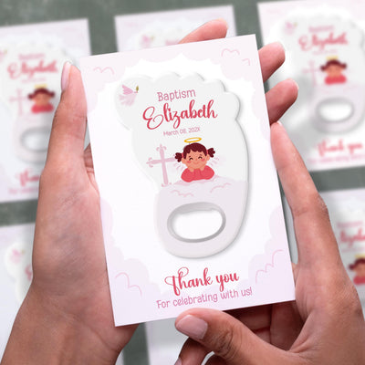 Girl Angel Footprint baptism bottle opener magnet shown in hand on its printed background card