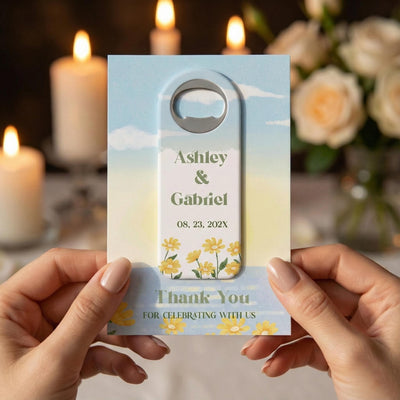 Modern Daisy wedding bottle opener magnet — featured product view