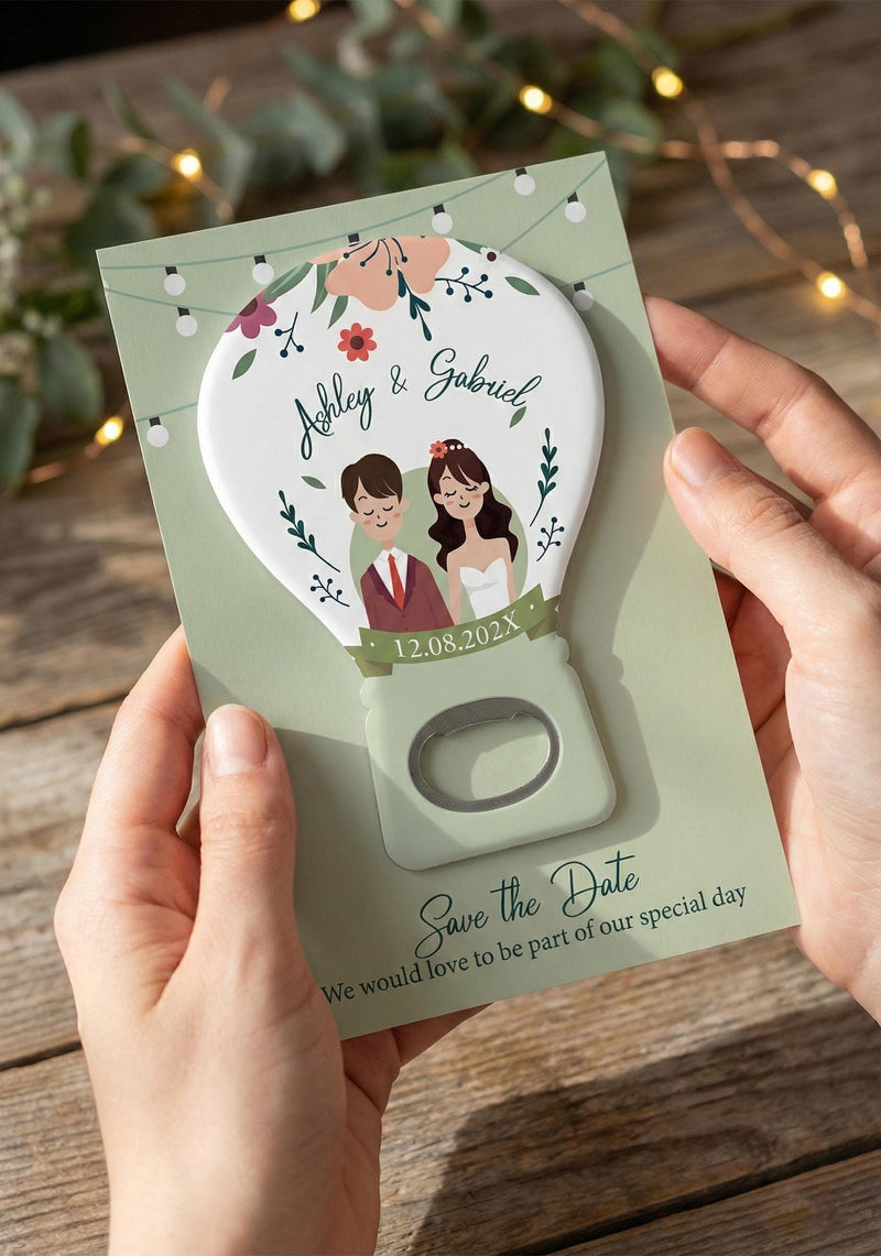 Hot Air Balloon Couple Illustration Save the Date Bottle Opener Magnets