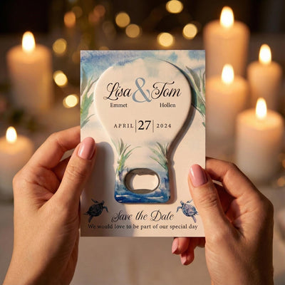 Blue Watercolor Beach save the date bottle opener magnet — featured product view