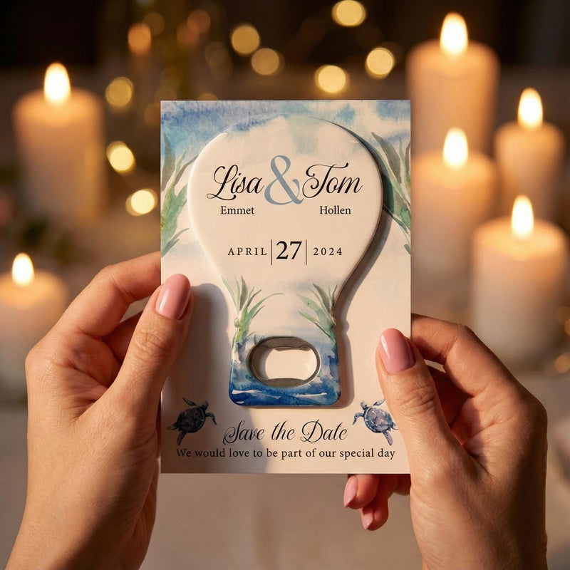 Blue Watercolor Beach Save the Date Bottle Opener Magnets
