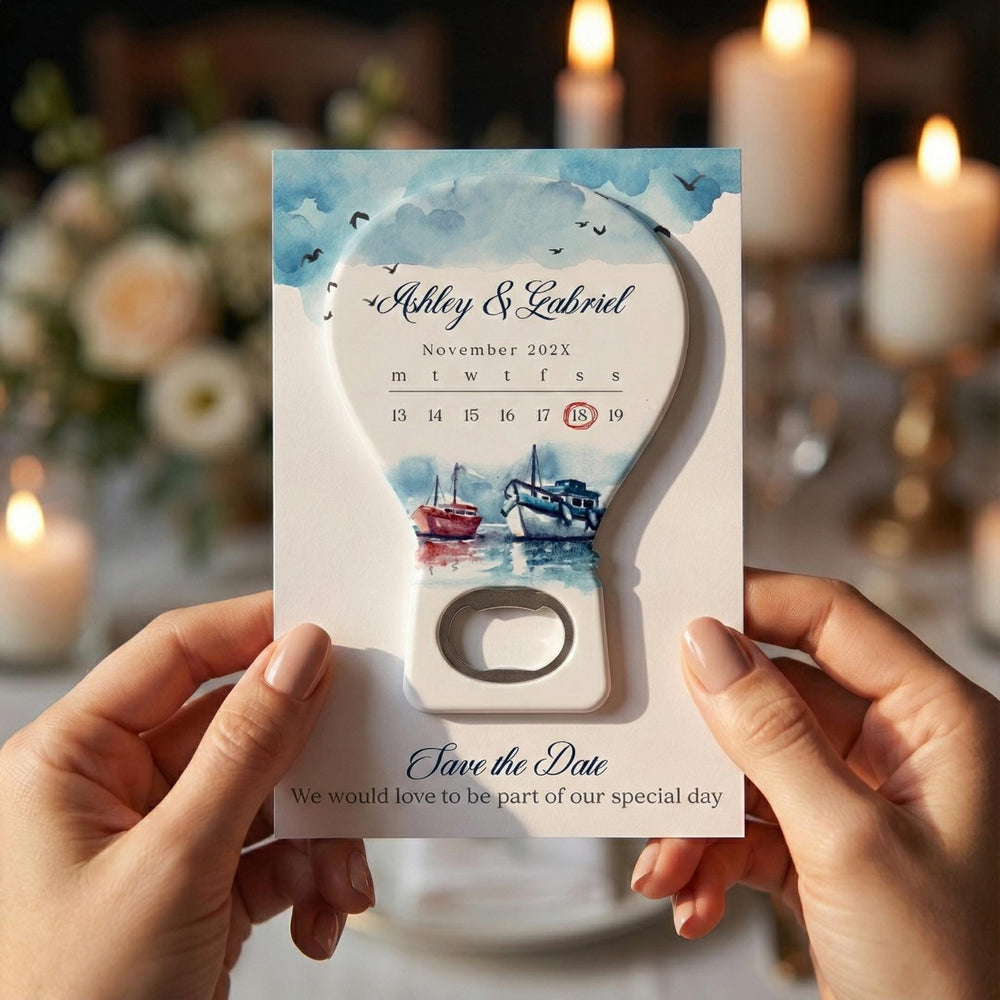 Nautical Hot Air Balloon Seaside save the date bottle opener magnet — featured product view