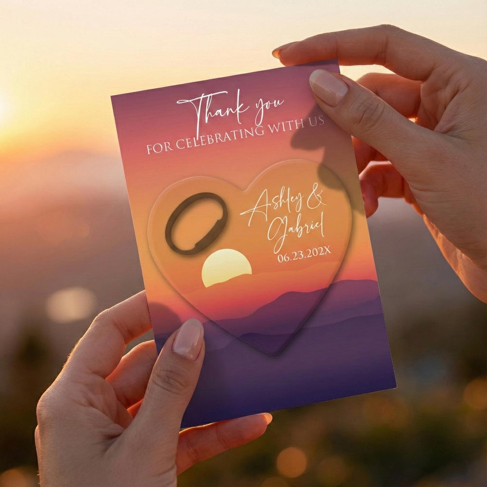 Heart Shaped Sunset Mountain wedding bottle opener magnet — featured product view