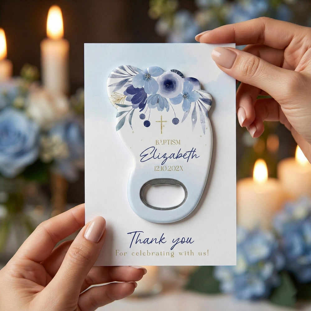 Blue Floral Footprint baptism bottle opener magnet — featured product view
