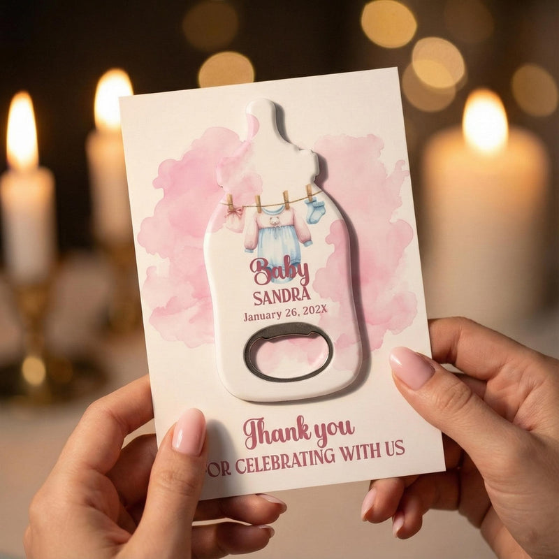 Pink Watercolor Detail Baby Shower Bottle Opener Magnets