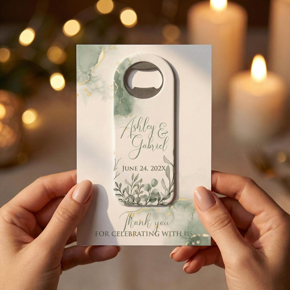 Sage Green Floral Elegant wedding bottle opener magnet — featured product view