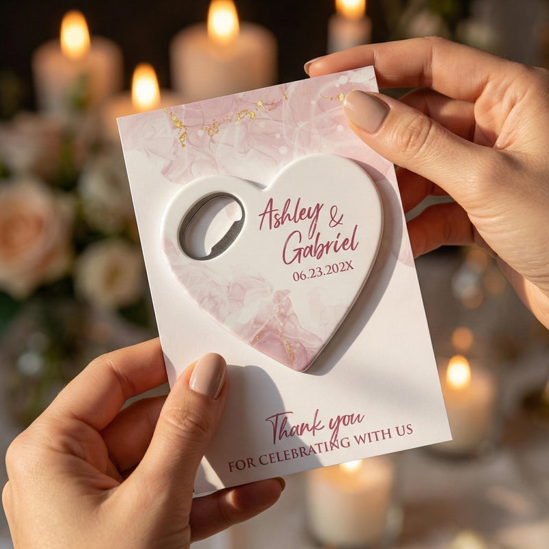 Blush Marble Heart Wedding Bottle Opener Magnets