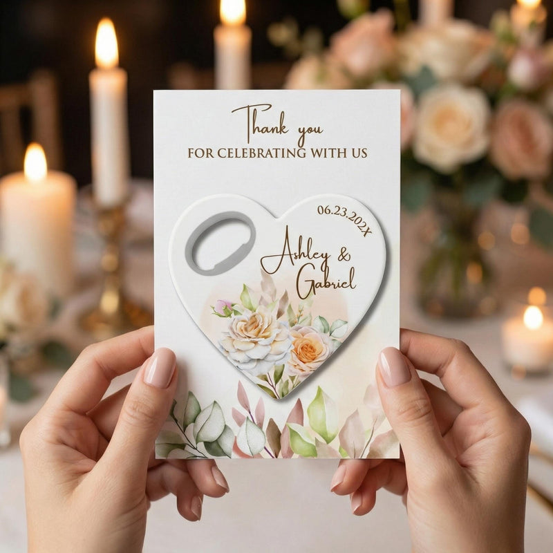 Delicate Floral Heart Wedding Bottle Opener Magnets