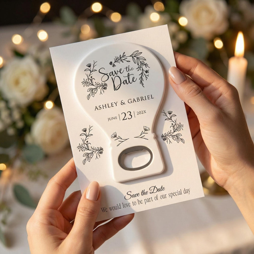 Botanical Calendar save the date bottle opener magnet — featured product view