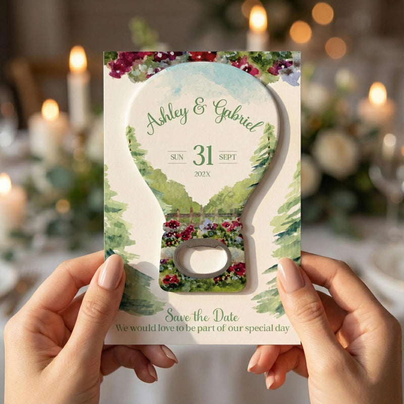 Watercolor Hot Air Balloon Save the Date Bottle Opener Magnets