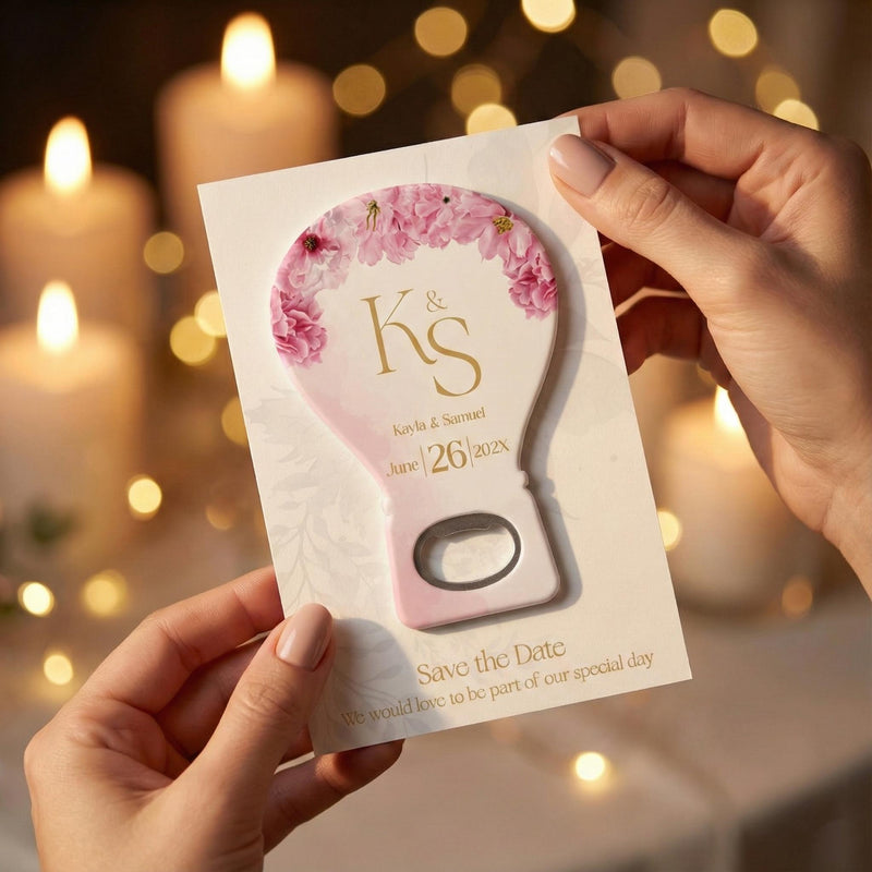 Pink Floral Hot Air Balloon Save the Date Bottle Opener Magnets