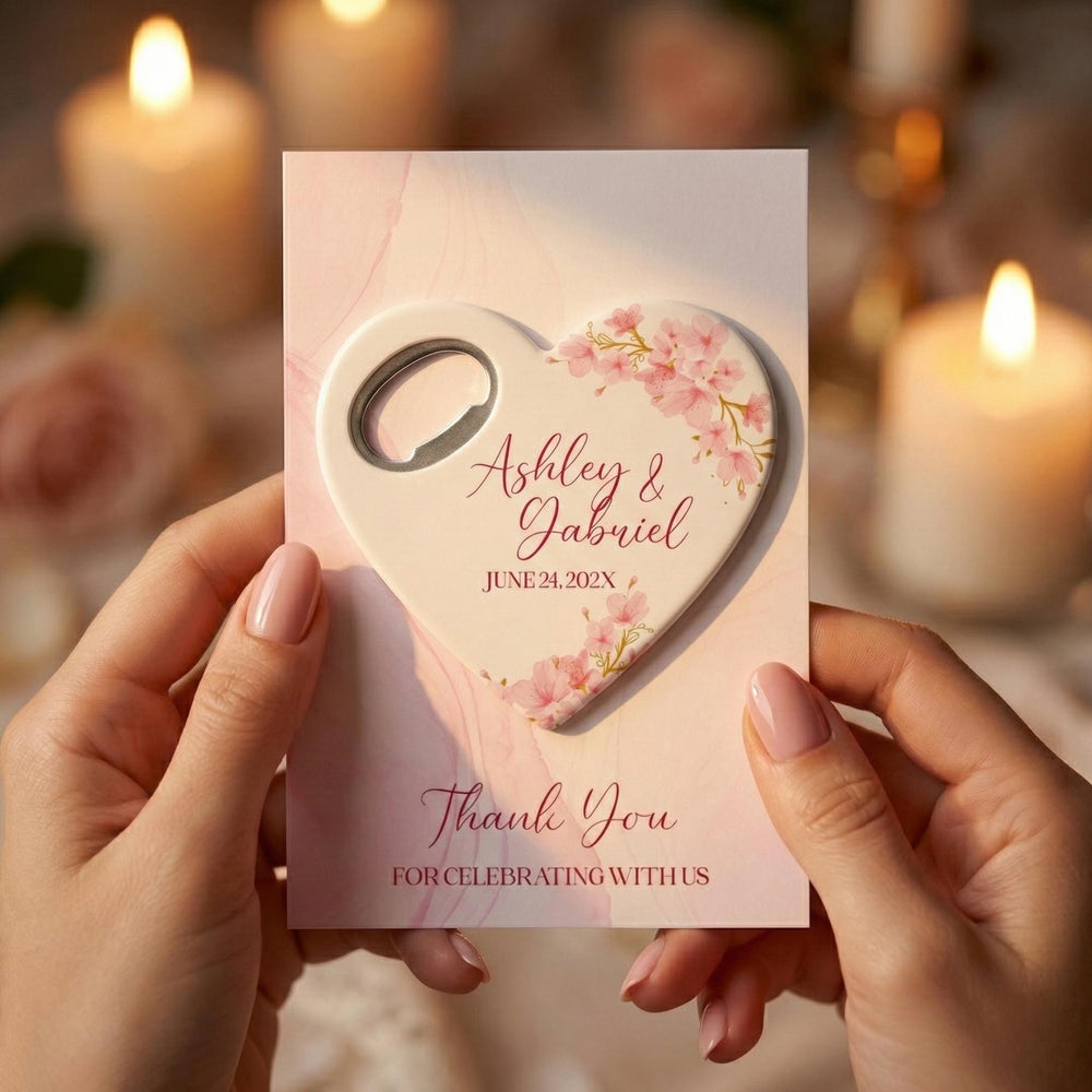 Heart Pink Floral wedding bottle opener magnet — featured product view