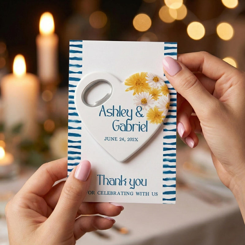 Heart Shaped Floral Detail Wedding Bottle Opener Magnets