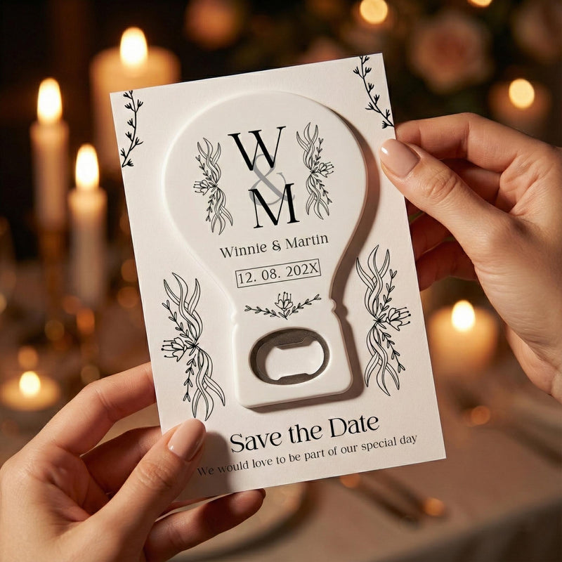 Minimal Botanical Monogram Save the Date Bottle Opener Magnets