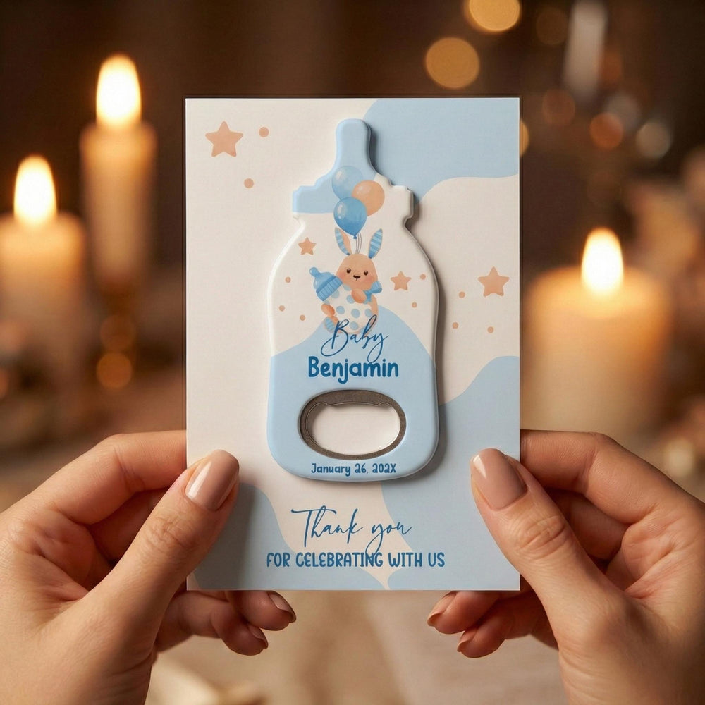 Blue Bunny baby shower bottle opener magnet — featured product view