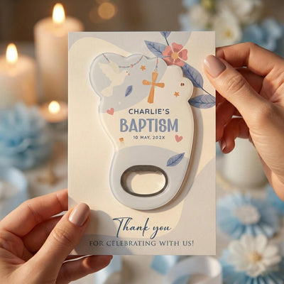 Footprint baptism bottle opener magnet — featured product view