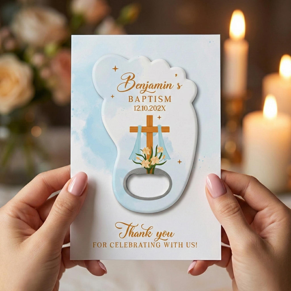 Blue Cross Candle baptism bottle opener magnet — featured product view
