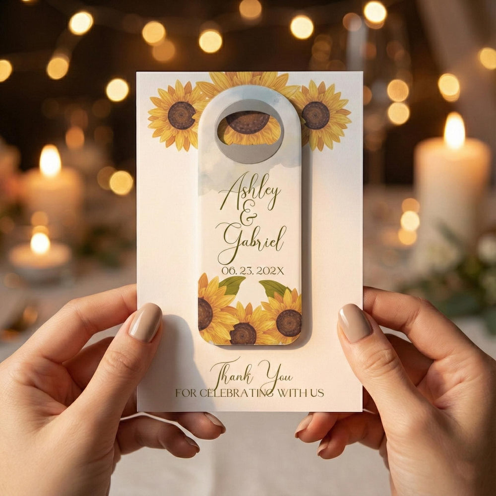 Sunflower wedding bottle opener magnet — featured product view