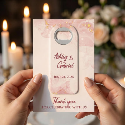 Blush Marble wedding bottle opener magnet — featured product view