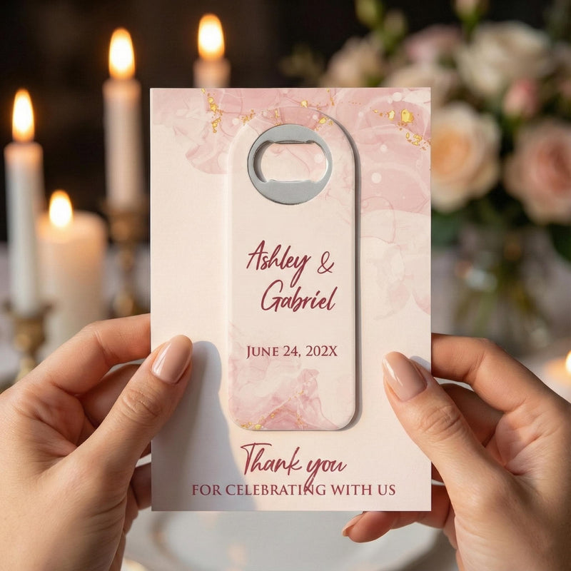 Blush Marble Wedding Bottle Opener Magnets
