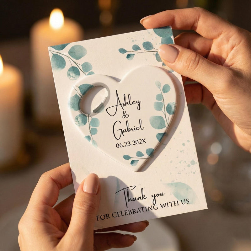 Heart Shaped Elegant Eucalyptus Wedding Bottle Opener Magnets