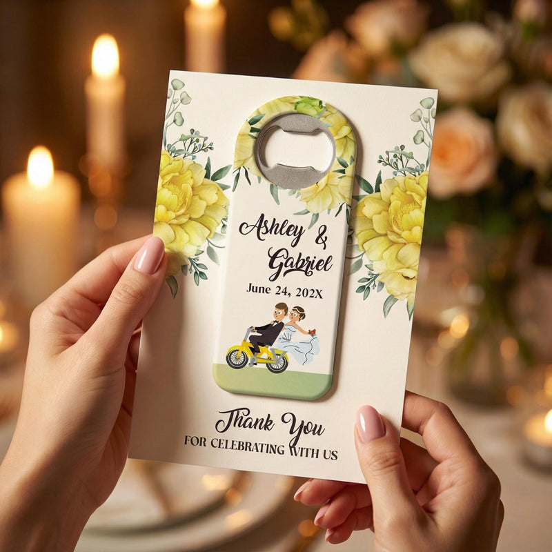 Lemon Floral Getaway Car Wedding Bottle Opener Magnets