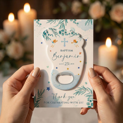 Blue Floral Angel baptism bottle opener magnet — featured product view