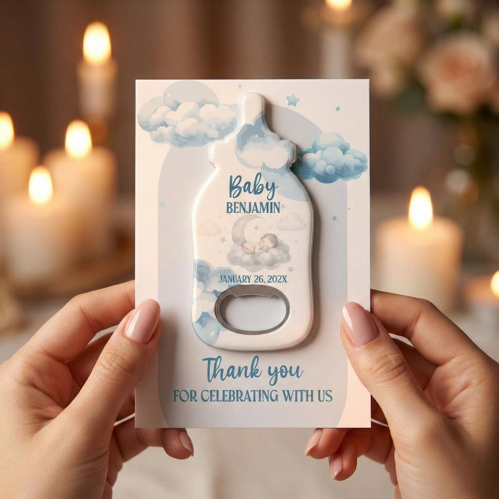 Sleeping Baby Clouds baby shower bottle opener magnet — featured product view