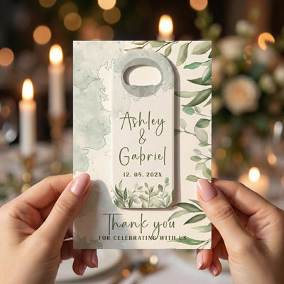 Greenery Modern wedding bottle opener magnet — featured product view