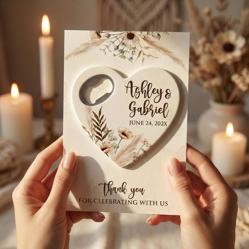 Boho Floral Heart wedding bottle opener magnet — featured product view