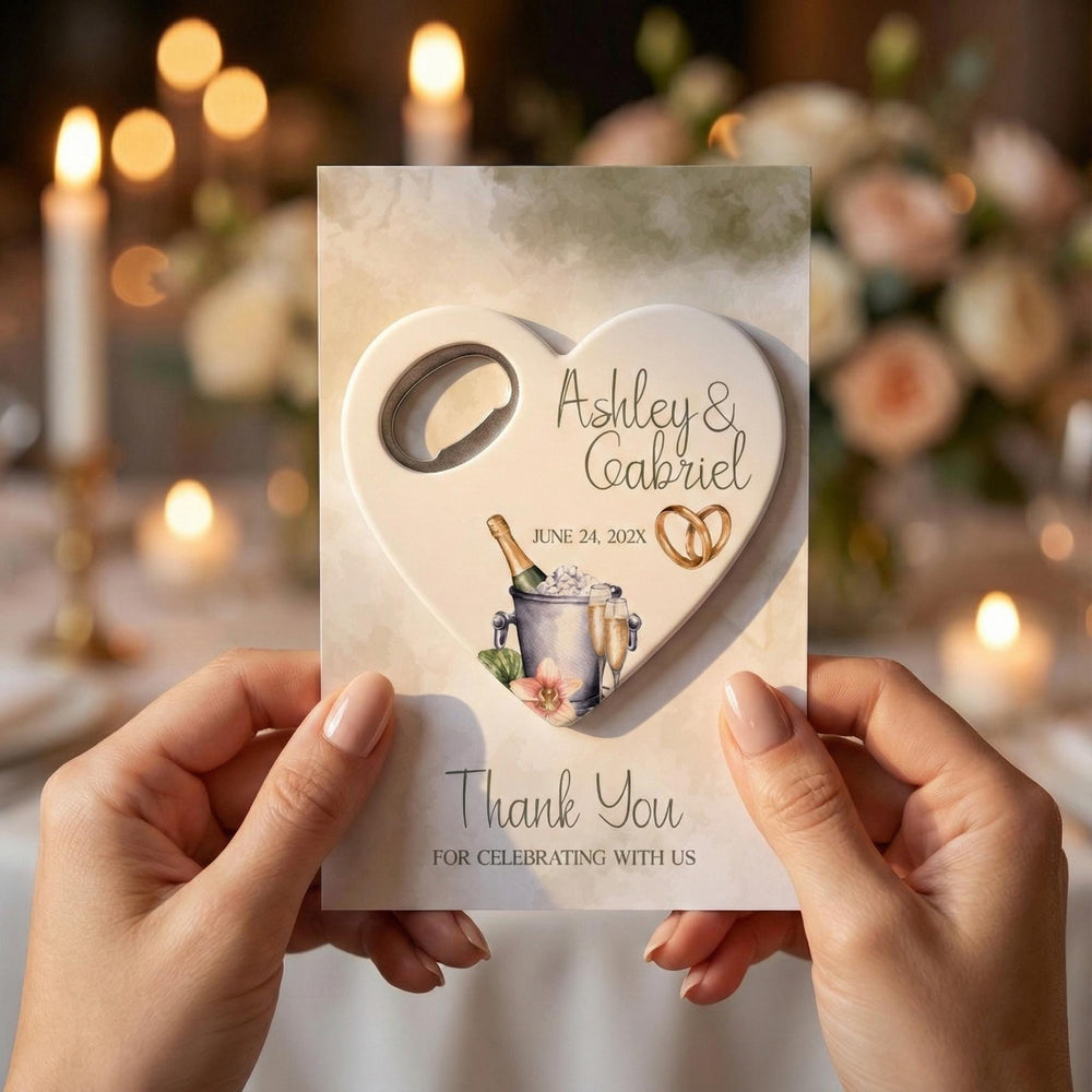 Heart Shaped Champagne wedding bottle opener magnet — featured product view
