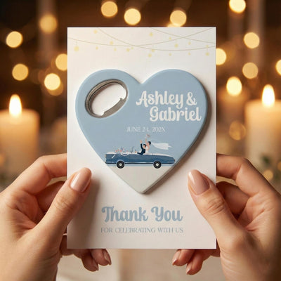 Just Married Heart Powder Blue wedding bottle opener magnet — featured product view