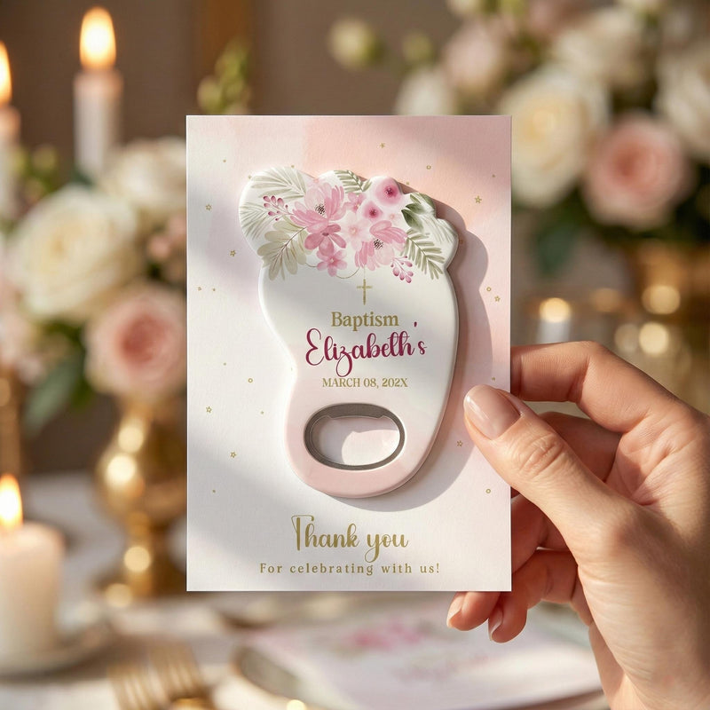 Floral Girl Pink Flower Baptism Bottle Opener Magnets