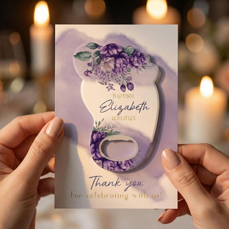 Purple Floral Footprint Baptism Bottle Opener Magnets