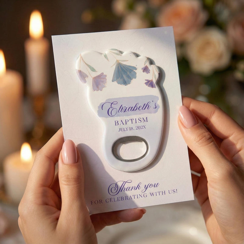 Footprint Floral Baptism Bottle Opener Magnets