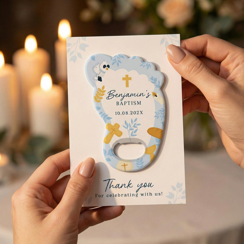 Blue Footprint Boy Baptism Bottle Opener Magnets