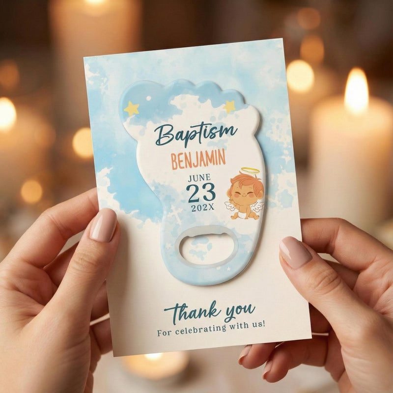 Boy Blue Watercolor Footprint Baptism Bottle Opener Magnets