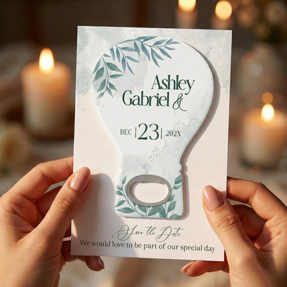 Calendar Elegant Eucalyptus save the date bottle opener magnet — featured product view