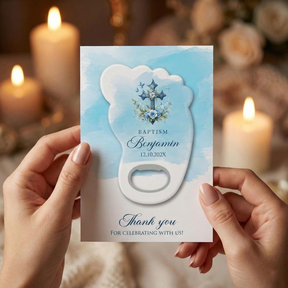 Blue Snowflake Cross baptism bottle opener magnet — featured product view