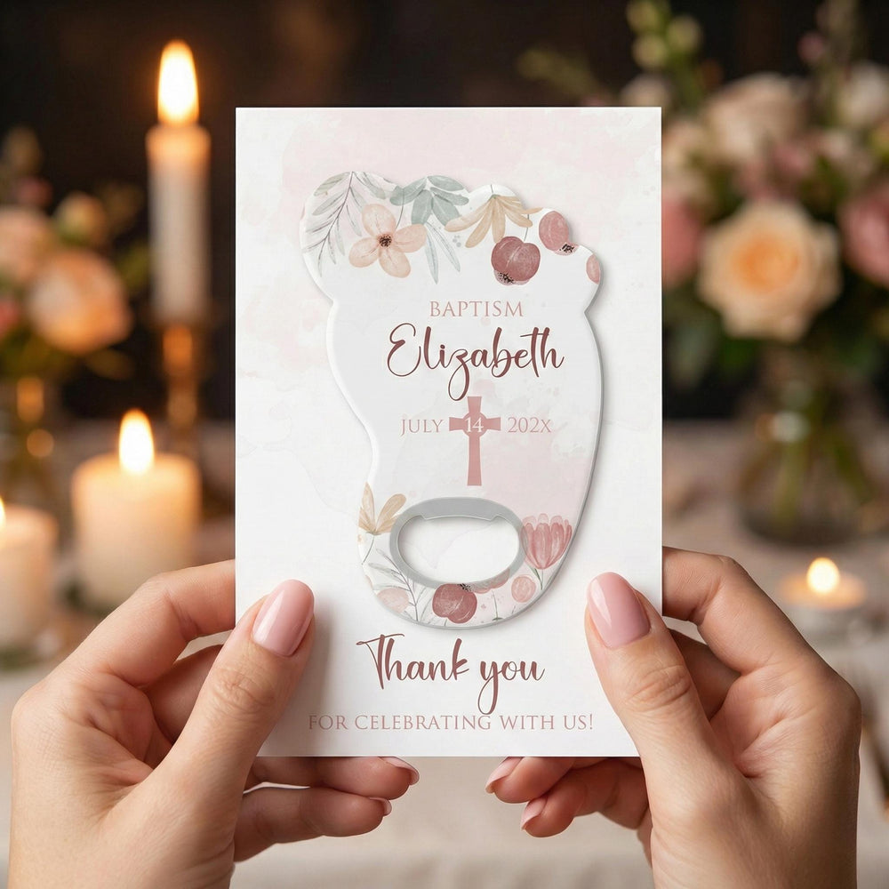 Blush Floral Cross baptism bottle opener magnet — featured product view