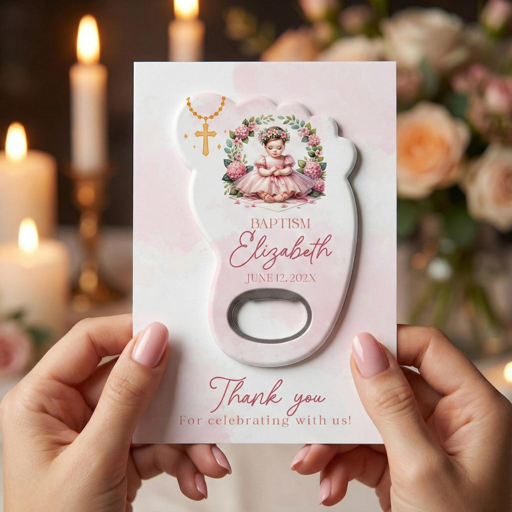 Pink Floral Cross baptism bottle opener magnet — featured product view