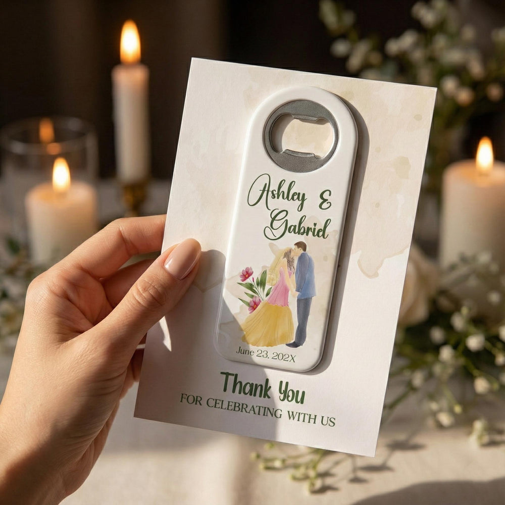 Illustrated Couple wedding bottle opener magnet — featured product view