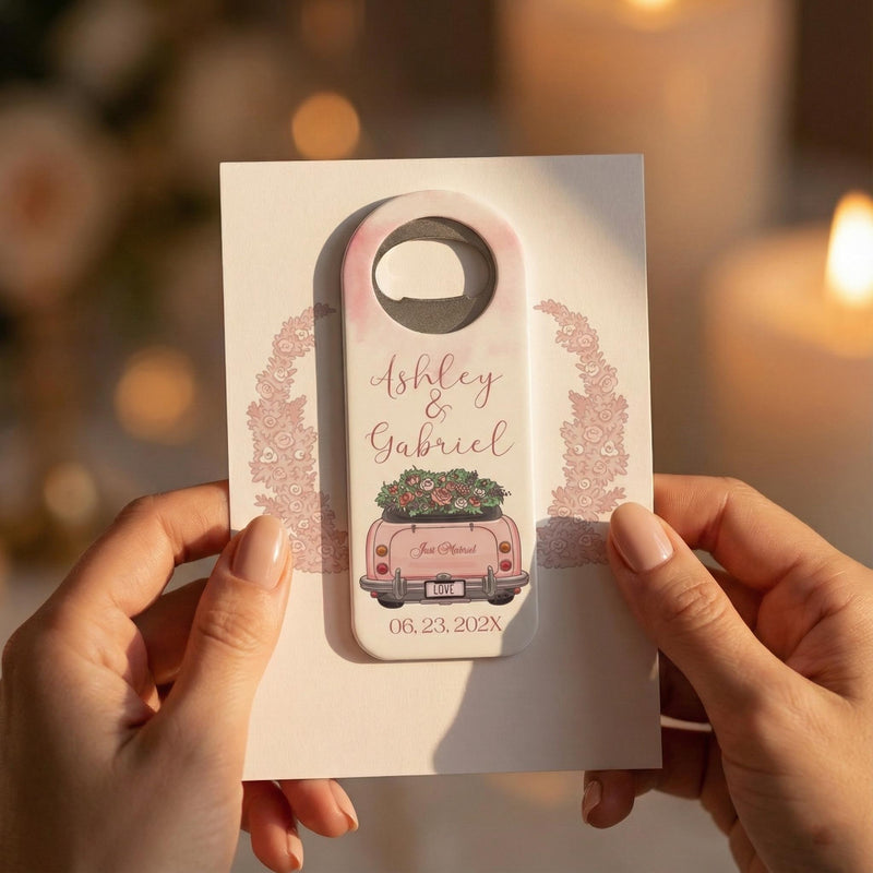 Pink Getaway Car Wedding Bottle Opener Magnets