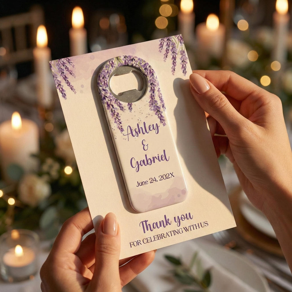 Purple Wisteria wedding bottle opener magnet — featured product view