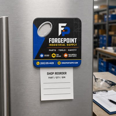 Industrial Supplier custom logo bottle opener magnet - held on a refrigerator door by its magnetic back