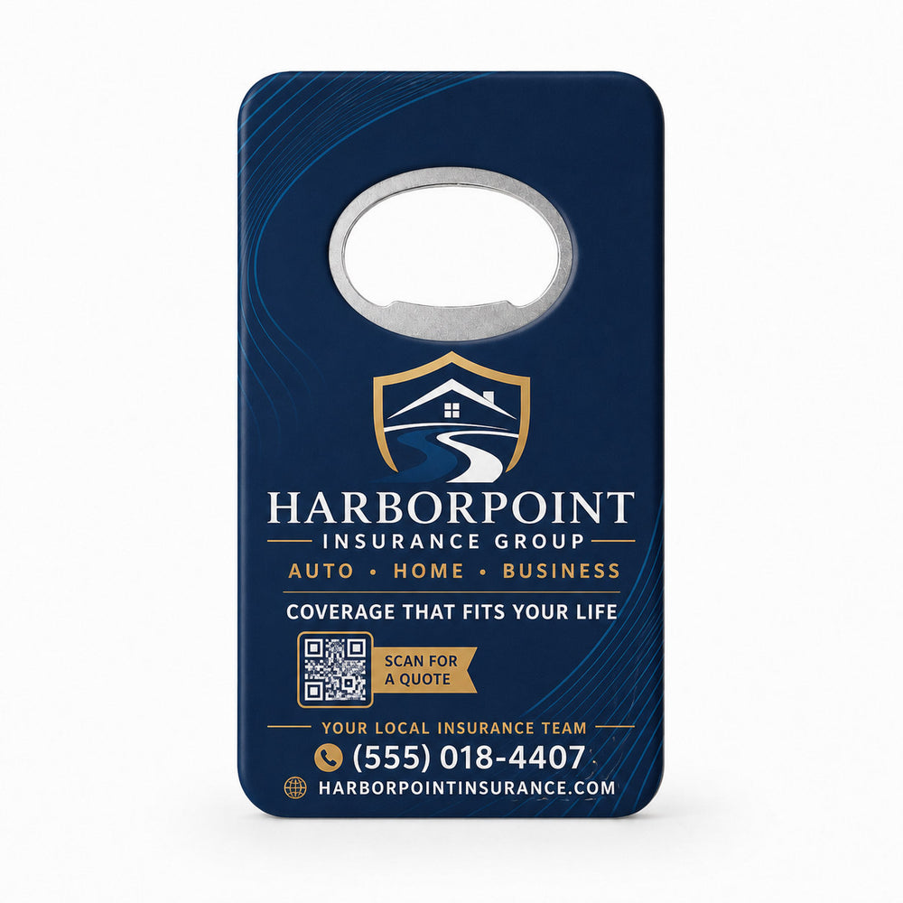 Insurance Agency custom logo bottle opener magnet - front view of the printed promotional magnet