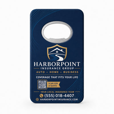 Insurance Agency custom logo bottle opener magnet - front view of the printed promotional magnet