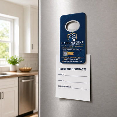 Insurance Agency custom logo bottle opener magnet - held on a refrigerator door by its magnetic back
